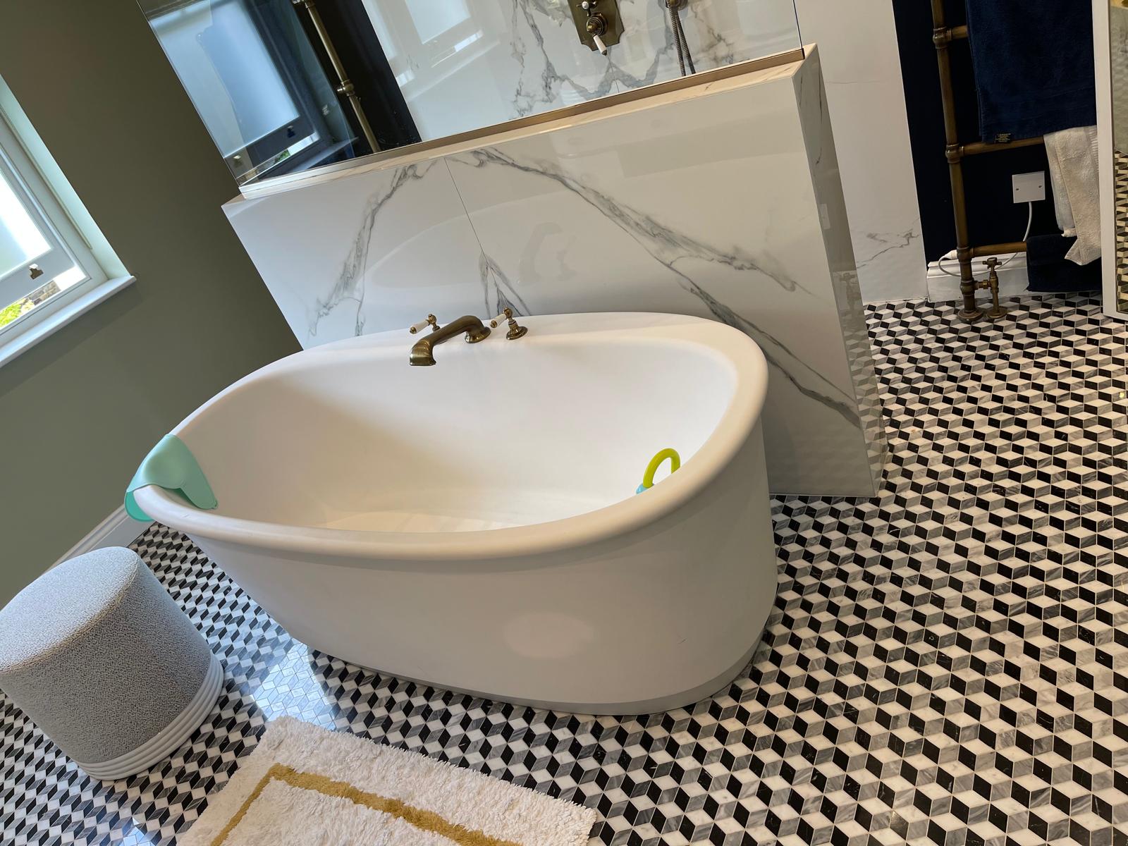New Level bathroom with coloured cabinetry and patterned surfaces