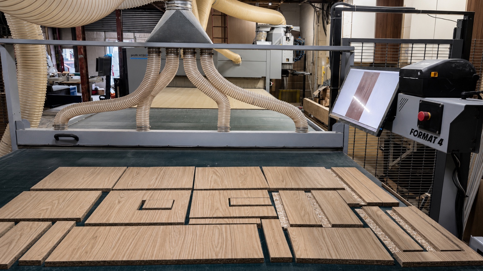 CNC nesting table machining oak-faced sheet components in the New Level workshop