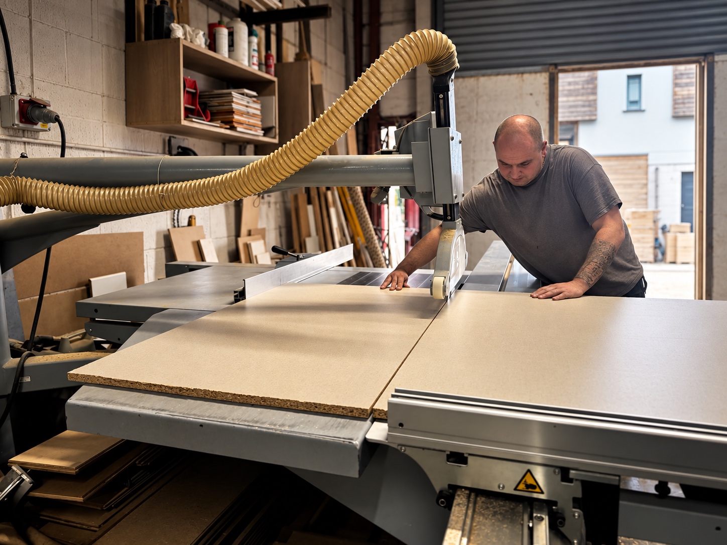New Level team member cutting a sheet panel on the workshop panel saw