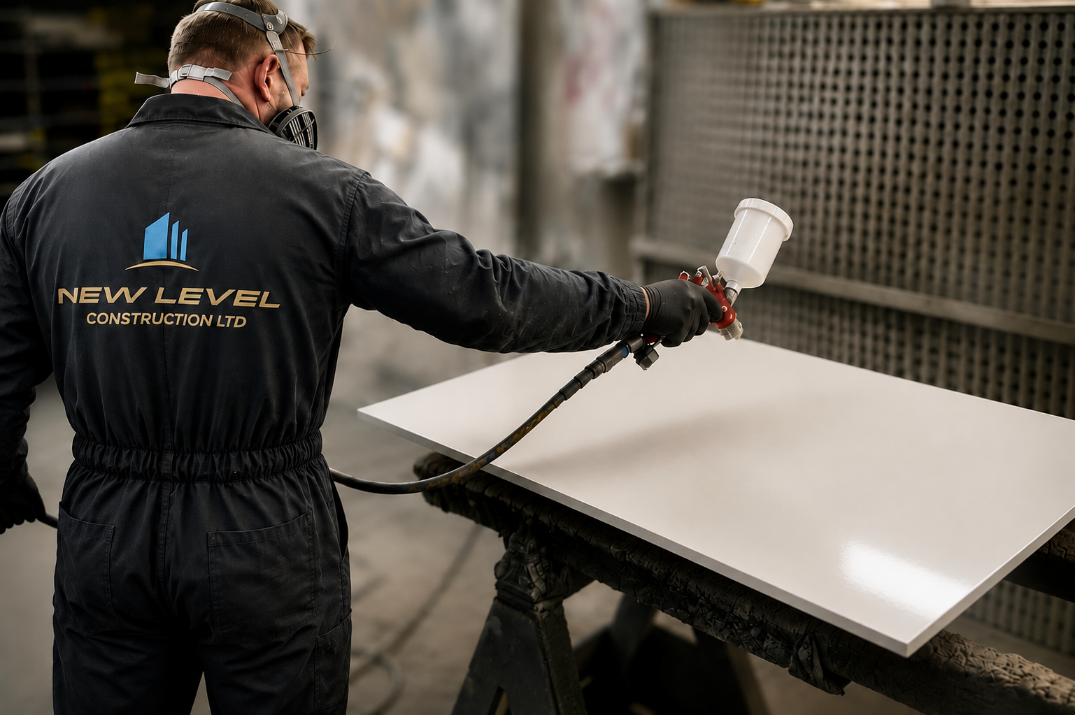 New Level spray finisher applying a smooth white coating to a panel