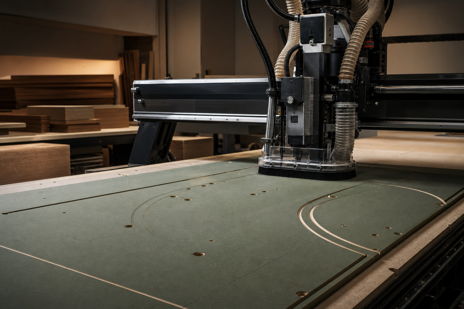 Large-format CNC router machining a green MDF cabinet panel