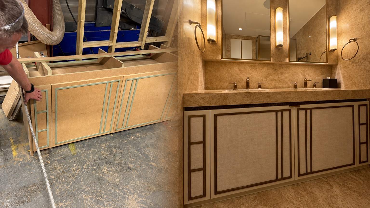 Bathroom cabinetry in the New Level workshop beside the completed installed vanity